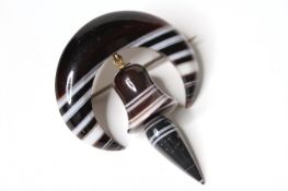 Period Agate Brooch, banded agate crescent, Bell and drop suspended within, approximately 3.7x4.7cm,