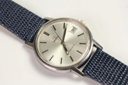 VINTAGE OMEGA GENEVE REFERENCE 136.0104, circular silver dial, black baton hour markers, date