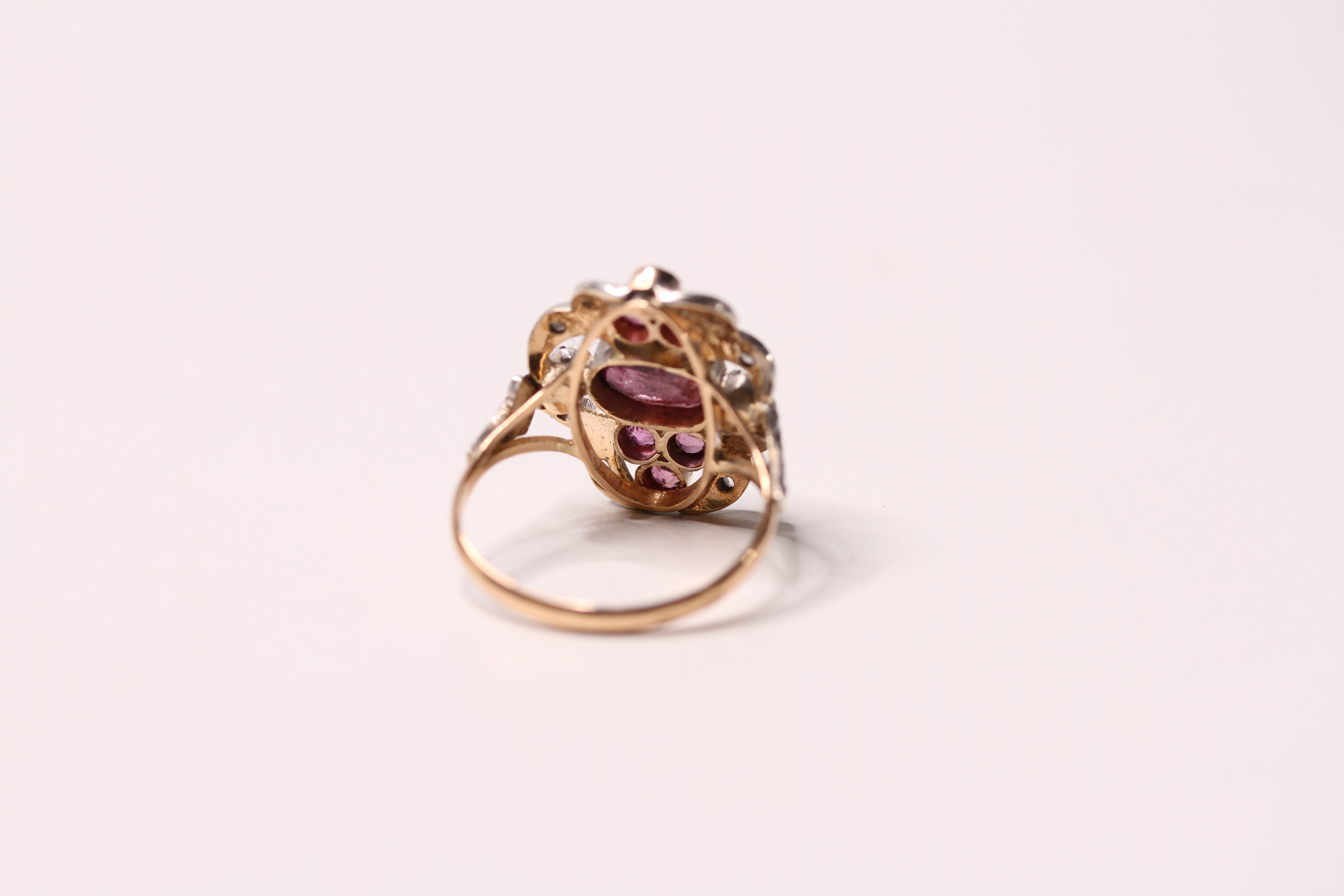 *TO BE SOLD WITHOUT RESERVE*A vintage 14ct gold ruby and diamond cocktail ring of floral form having - Image 2 of 2