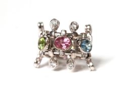 Dior Gem and Diamond Ring, central Blue Topaz, Pink Sapphire and Peridot oval cut stones,
