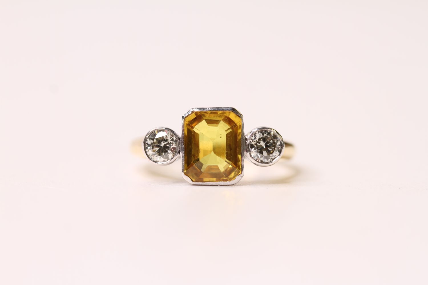 Yellow Sapphire & Diamond 3 Stone Ring, set in a white gold rub over setting on a yellow gold shank, - Image 2 of 4