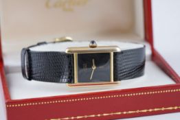 LADIES MUST DE CARTIER TANK VERMEIL WRISTWATCH W/ BOX, rectangular black dial with gold hands,