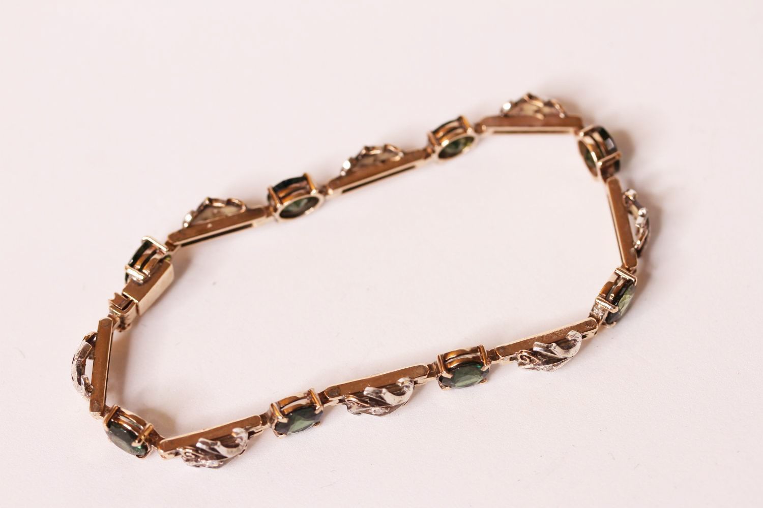 9CT GREEN STONE AND DIAMOND FANCY BRACELET, total weight 9.6gms, length 17cms. - Image 3 of 3