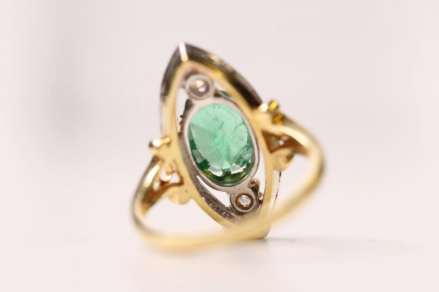 Emerald & Diamond Marquise Shaped Ring, set with a central oval emerald inside a diamond open - Image 3 of 4