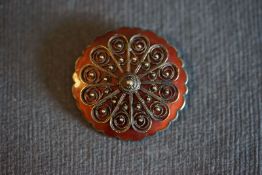 925 STERLING SILVER IVAR T HOLH NORWEGIAN BROOCH, two tone red enamel with applied silver pattern,