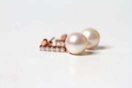 Pair Of Pearl & Diamond Drop Earrings, set with 2 round cultured south sea pearls and 10 round