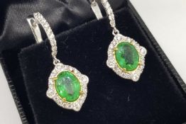 Pair Of Emerald & Diamond Half Hoop Drop Earrings, oval cut emeralds set in yellow gold, total