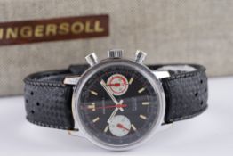 GENTLEMENS INGERSOLL CHRONOGRAPH WRISTWATCH CIRCA 1970, circular black twin register dial with