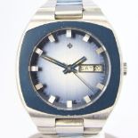 ZODIAC OLYMPOS DAY DATE AUTOMATIC SST WITH BLUE STEEL BEZEL AND BRACELET CIRCA 1970S. INTERNAL