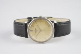 GENTLEMENS LONGINES WRISTWATCH, circular patina sector dial with stick hour markers and hands,