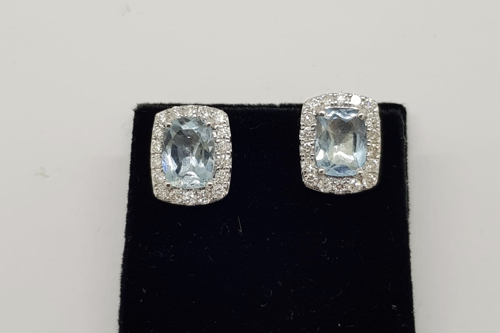 Pair Of Rectangular Aquamarine & Diamond Cluster Stud Earrings, total approximate aquamarine