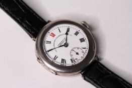 1920s GOLDSMITHS TRENCH STYLE WATCH 925 SILVER, circular white dial with roman numerals, red 12 0'