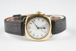 GENTLEMENS 9CT GOLD CUSHION CASED WRISTWATCH, circular white dial with black arabic numeral hour