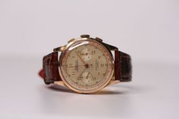 VINTAGE 18CT EXACTUS CHRONOGRAPH WRIST WATCH, circular gold dial with arabic numerals, two