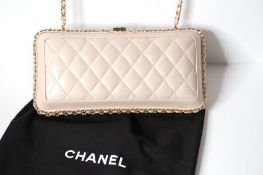 New Unused Chanel, Quilted Chanel Evening Clutch Bag, cream coloured lamb skin material, gold