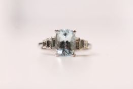 Aquamarine & Diamond Step Shoulder Ring, central aquamarine approximately 2.10ct, total