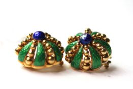 Pair of enamel button clip on earrings, blue enamel set to the centre of each, 6 green enamel panels