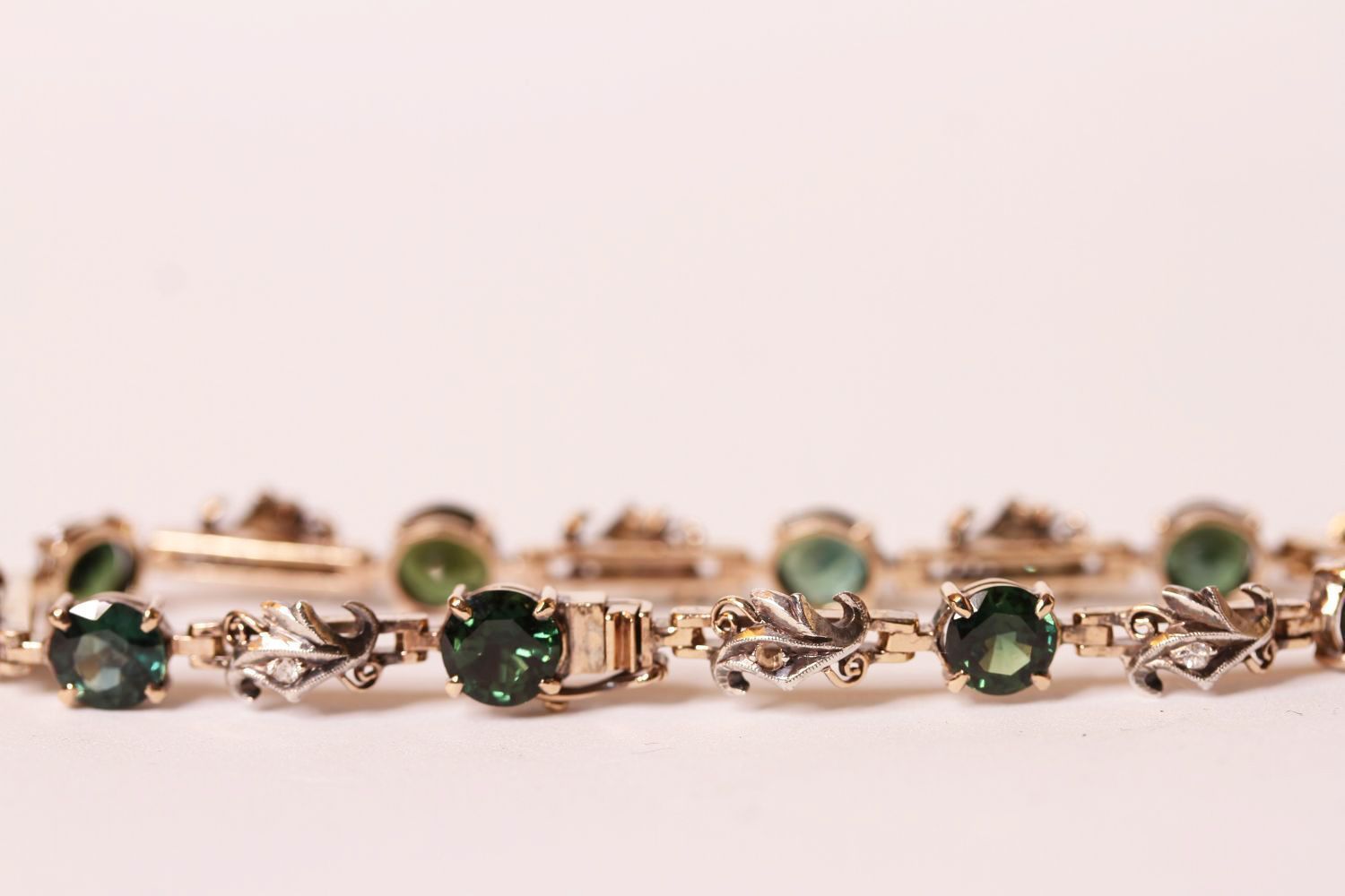 9CT GREEN STONE AND DIAMOND FANCY BRACELET, total weight 9.6gms, length 17cms. - Image 2 of 3