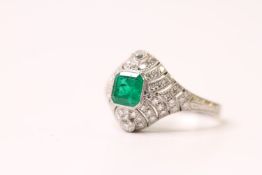 Columbian Emerald & Diamond Bombe Style Dress Ring, stamped platinum, estimated emerald weight 0.