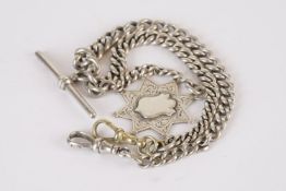 ANTIQUE STERLING SILVER ALBERT CHAIN W/ FOB, albert chain with fob and t bar, sterling silver,