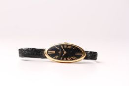 RARE LADIES BAUME & MERCIER BAIGNOIRE WRISTWATCH REF. 38261, oval black dial with gold leaf hands,