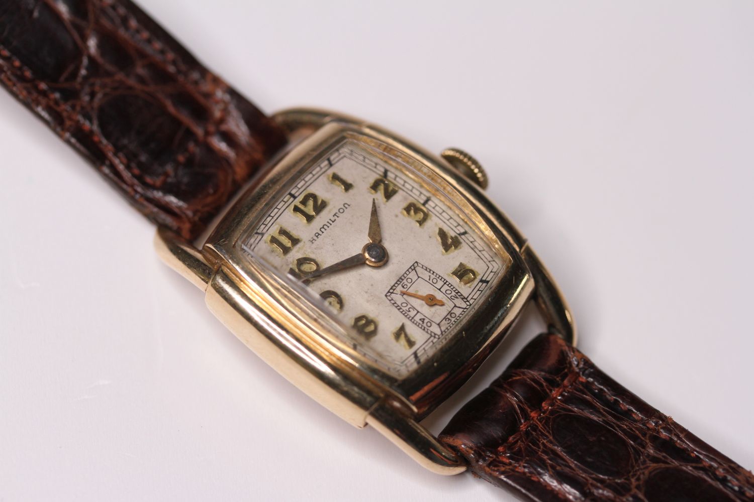 VINTAGE HAMILTON ART DECO DRESS WATCH, cushion dial with gold arabic numerals, subsidiary seconds