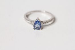 Natural Sapphire & Diamond Ring, set with 1 pear cut natural sapphire 0.84ct, 16 round brilliant cut