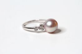 Pink South Sea Pearl & Diamond Ring, set with 1 round cultured pink pearl and 8 round brilliant