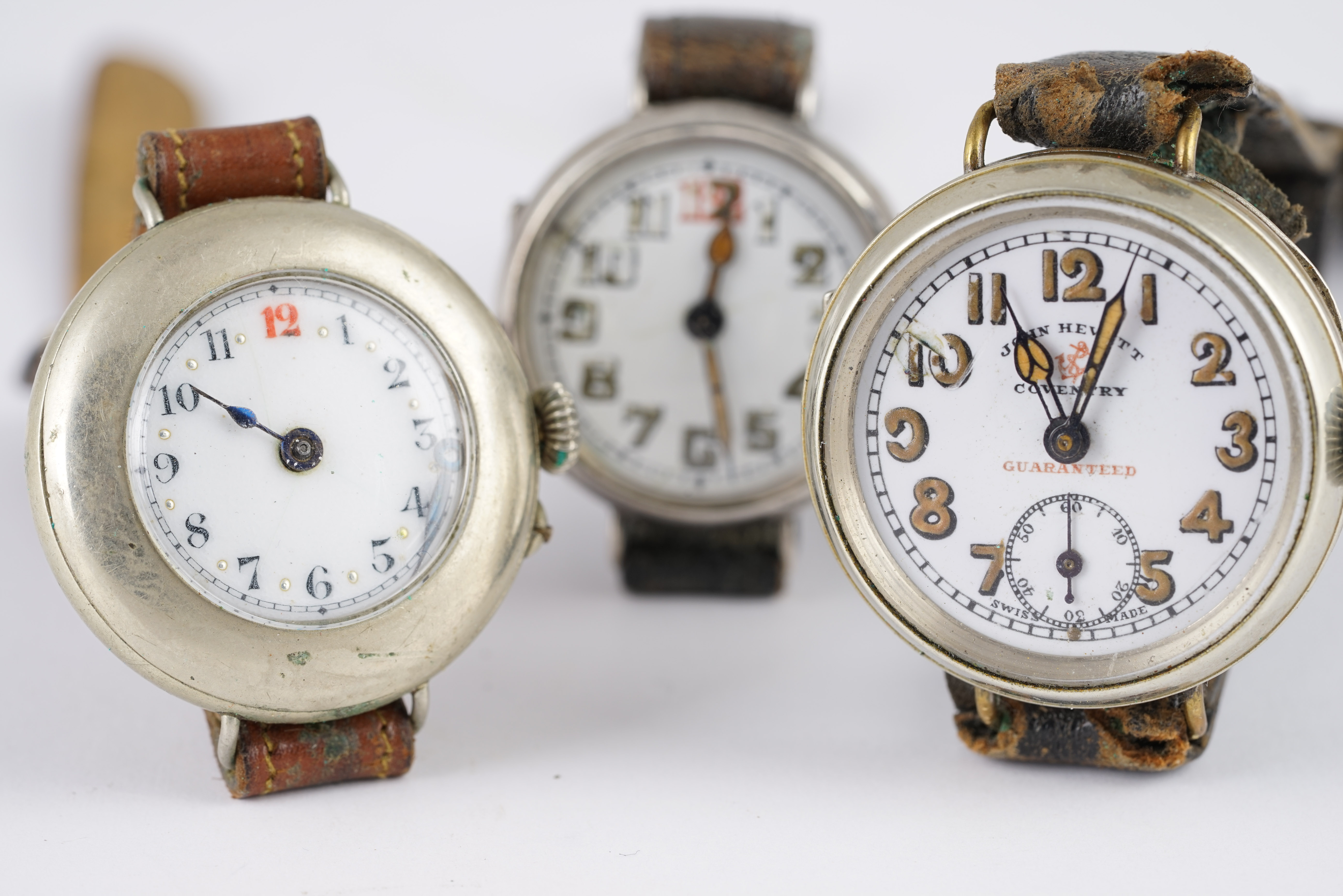 ***SOLD AS SEEN*** GROUP OF 3 WWI PERIOD TRENCH WRISTWATCH, ceramic white dial with arabic numerals,