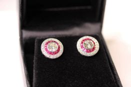 Pair Of Art Deco Style Diamond & Ruby Target Earrings, centre diamonds estimated total 0.60ct, these