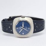 LADIES SQUARE OMEGA AUTOMATIC GENEVE WITH BLUE DIAL AND DATE FUNCTION CIRCA 1970S. stainless