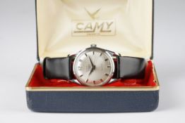 GENTLEMENS CAMY SPUTNIK WRISTWATCH W/ BOX, circular silver dial with silver hour markers and