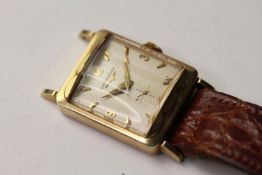 VINTAGE 14CT YELLOW GOLD LONGINES WRISTWATCH, rectangular dial with arrows and arabic numbers,