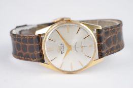 GENTLEMENS ROYCE GOLD PLATED WRISTWATCH CIRCA 1950, circular silver dial with applied gold hour