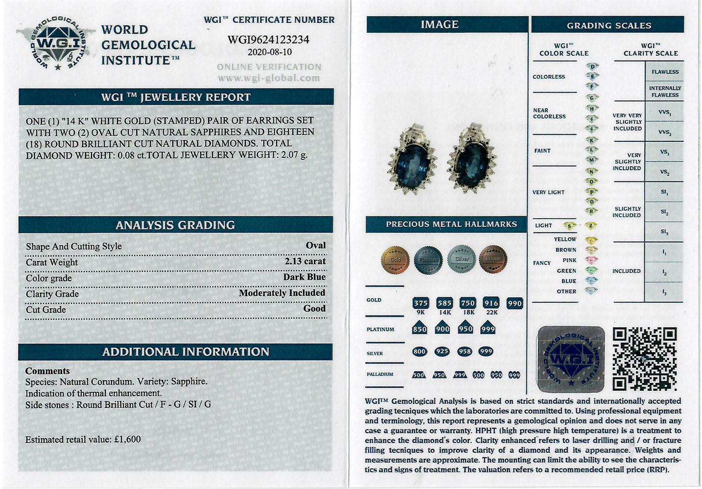 Pair of Sapphire & Diamond Earrings, set with 2 oval cut natural sapphires totalling 2.13ct, - Image 3 of 3