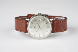 GENTLEMENS JAEGER LE COULTRE DATE WRISTWATCH, circular silver sunburst dial with stick hour