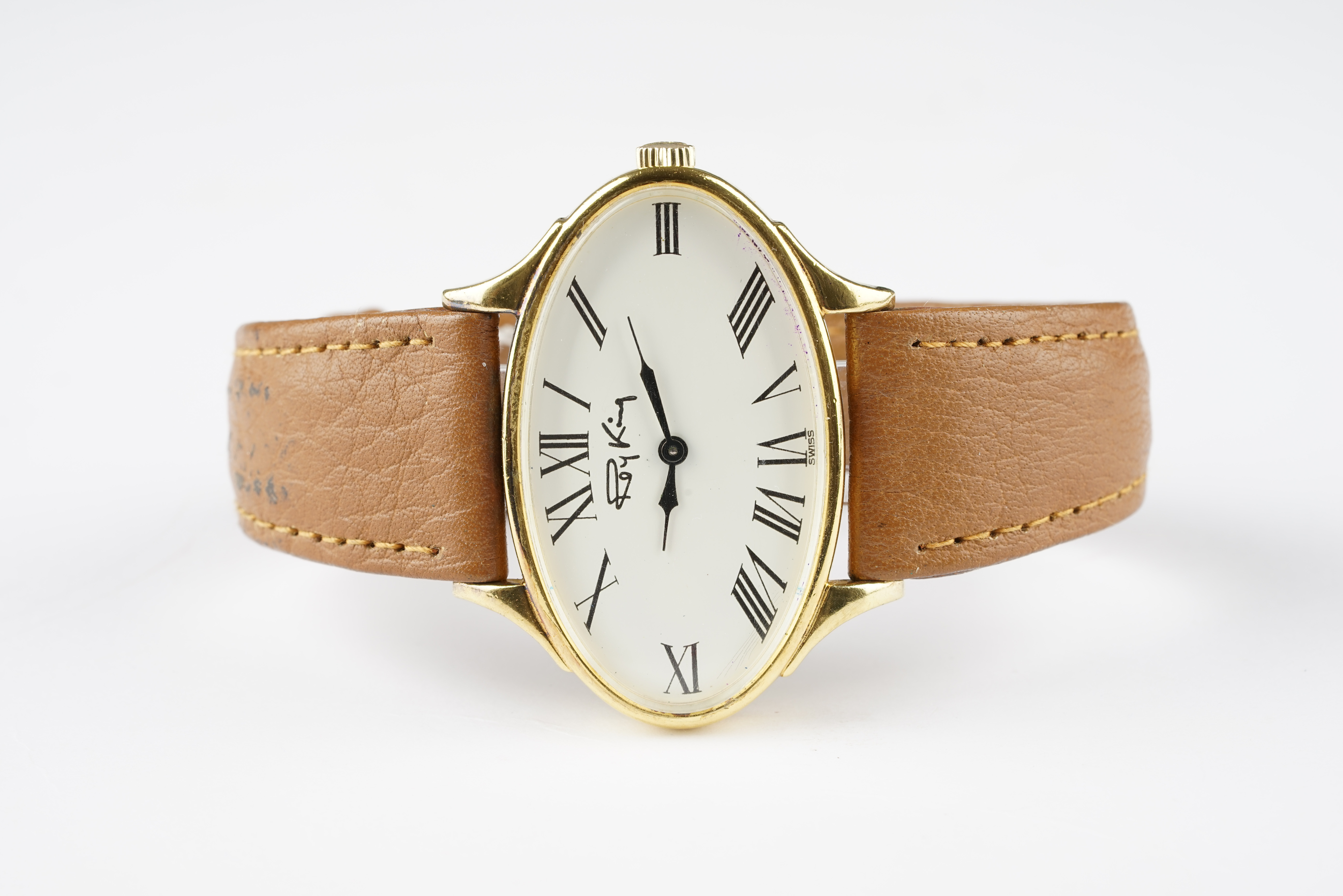 GENTLEMENS ROY KING SILVER GILT WRISTWATCH, oval white dial with roman numeral hour markers and