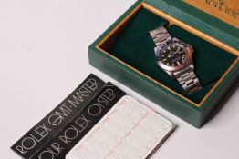 VINTAGE ROLEX GMT MASTER 'PEPSI' REFERENCE 1675 WITH BOX 1979, circular black dial with dot hour