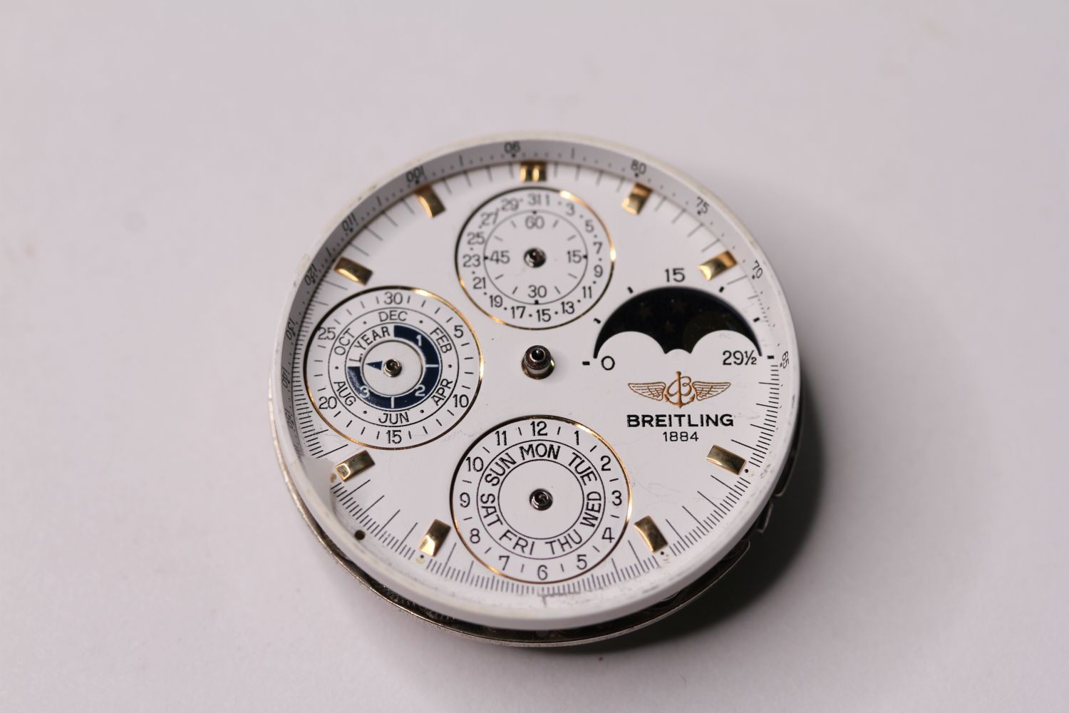 BREITLING QUANTIEME PERPETUAL 37 JEWEL, LEAP YEAR CHRONOGRAPH MOON PHASE, DIAL, MOVEMENT, BEZEL,