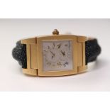 GENTLEMAN'S 18CT DE GRISOGONO INSTRUMENTO DUAL TIME, rectangular silver and white dial with gold