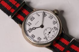 WW1 ELGIN TRENCH WATCH RECENTLY REFURBISHED, circular white dial with arabic numerals, subsidary