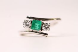 Square Emerald & Diamond 3 Stone Cross Over Ring, round brilliant cut diamonds, stamped 14ct white