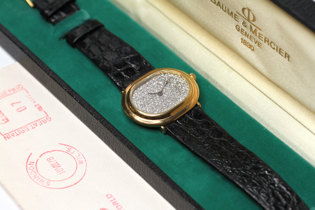 VINTAGE 18CT BAUME & MERCIER WRIST WATCH DIAMOND DIAL WITH BOX AND ORIGINAL RECEIPT, oval shaped - Image 2 of 6