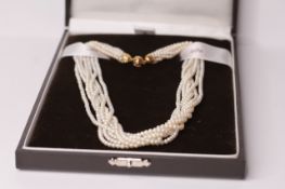 7 Strand Freshwater White Pearl Necklace, 9ct yellow gold clasp, approximate length 16.5 inches