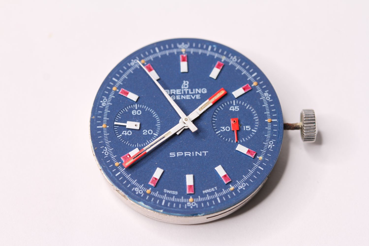 BREITLING SPRINT CHRONOGRAPH, DIAL, HANDS, CROWN, 17 JEWEL MOVEMENT, REFERENCE 7733, balance wings