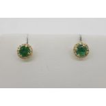 Pair Of Emerald & Diamond Circular Earrings, 9ct yellow gold