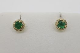 Pair Of Emerald & Diamond Circular Earrings, 9ct yellow gold