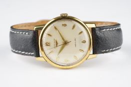 GENTLEMENS LONGINES 9CT GOLD AUTOMATIC WRISTWATCH, circular off white dial with gold applied hour
