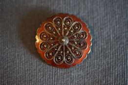 925 STERLING SILVER IVAR T HOLH NORWEGIAN BROOCH, two tone red enamel with applied silver pattern,