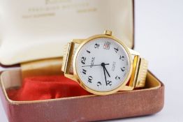 GENTLEMENS RONE DATE WRISTWATCH W/ BOX, circular white dial with arabic numeral hour markers and
